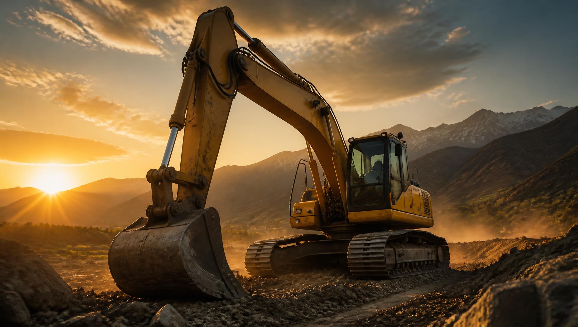 Excavator working at a job site at sunset